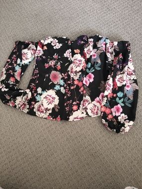 G by Guess Black Floral Off-Shoulder Blouse with Pink & Teal Accents